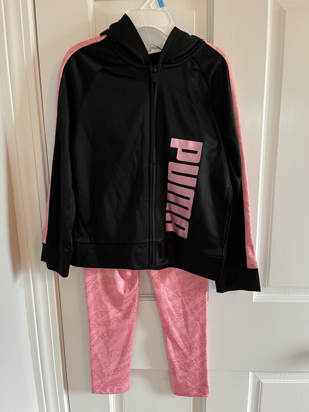 Puma Hoodie Leggings Set Girls 5 Athletic Full Zip 2 Piece Outfit Pink Black New